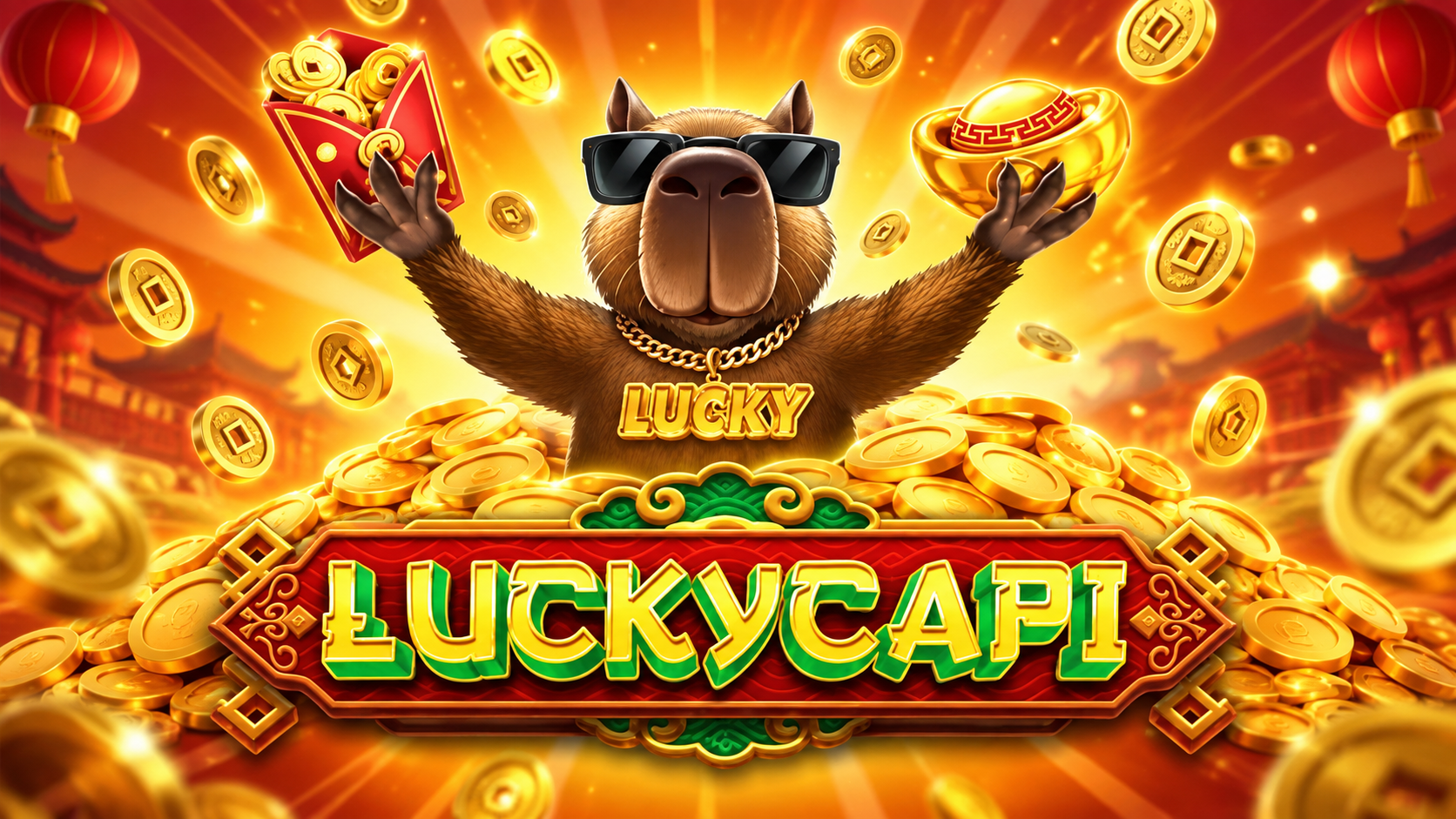 Slot Luckycapi di Greentube con capibara stilizzato, monete d’oro e ambientazione luminosa in formato 16:9