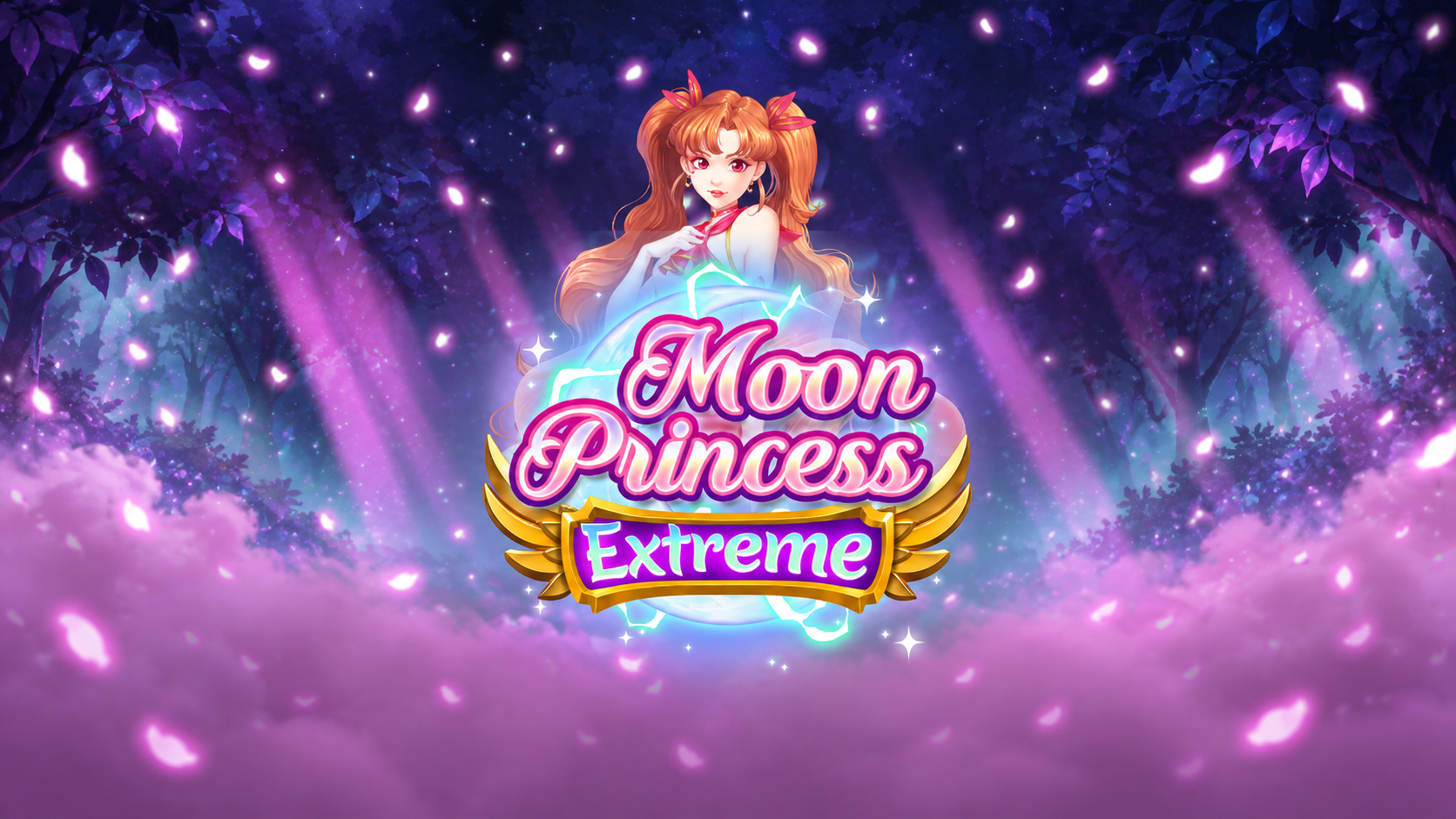 Slot Moon Princess Extreme con principessa anime al centro, foresta notturna e atmosfera fantasy dai toni viola e rosa.