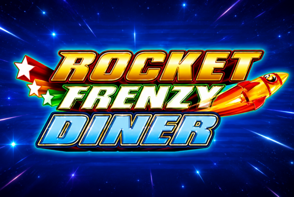 Slot Rocket Frenzy Diner di Ainsworth con logo del gioco e razzo su sfondo spaziale blu.