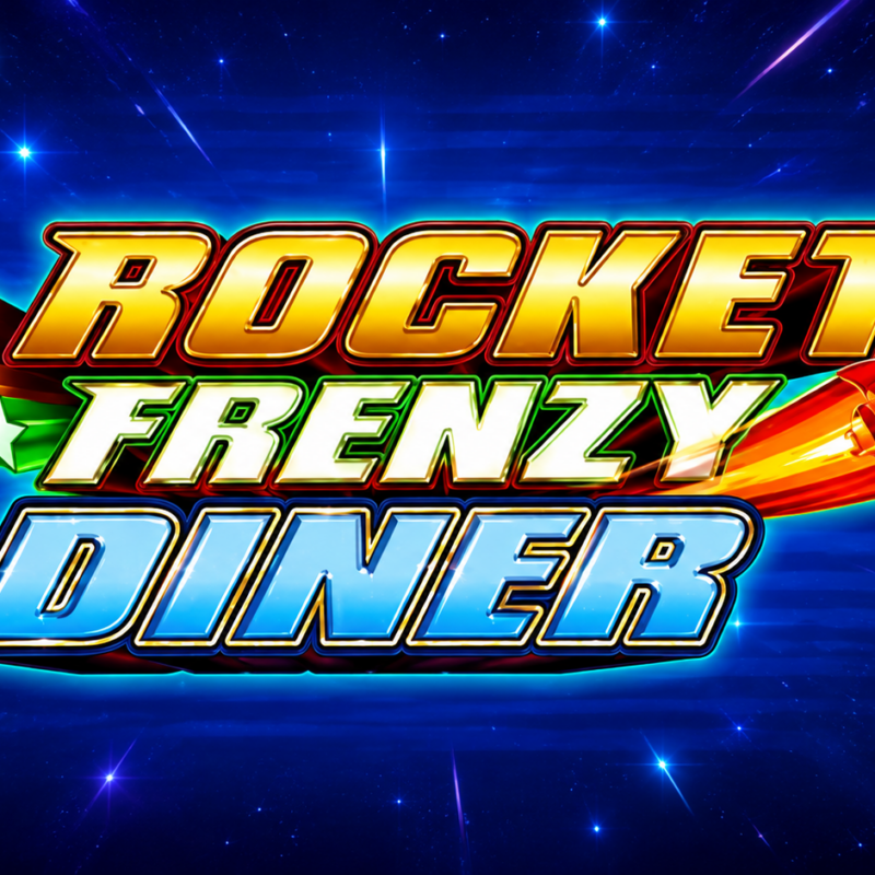 Slot Rocket Frenzy Diner di Ainsworth con logo del gioco e razzo su sfondo spaziale blu.
