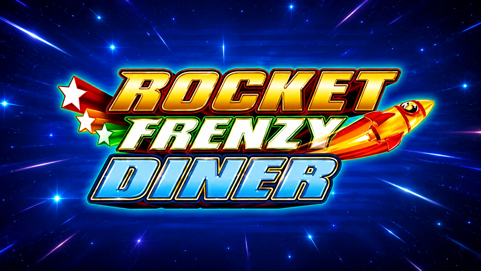 Slot Rocket Frenzy Diner di Ainsworth con logo del gioco e razzo su sfondo spaziale blu.