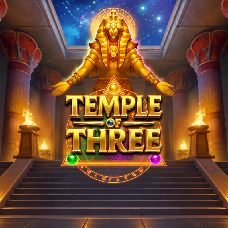 Slot Temple of Three di Play’n GO con ambientazione egizia, divinità dorata e tempio illuminato.