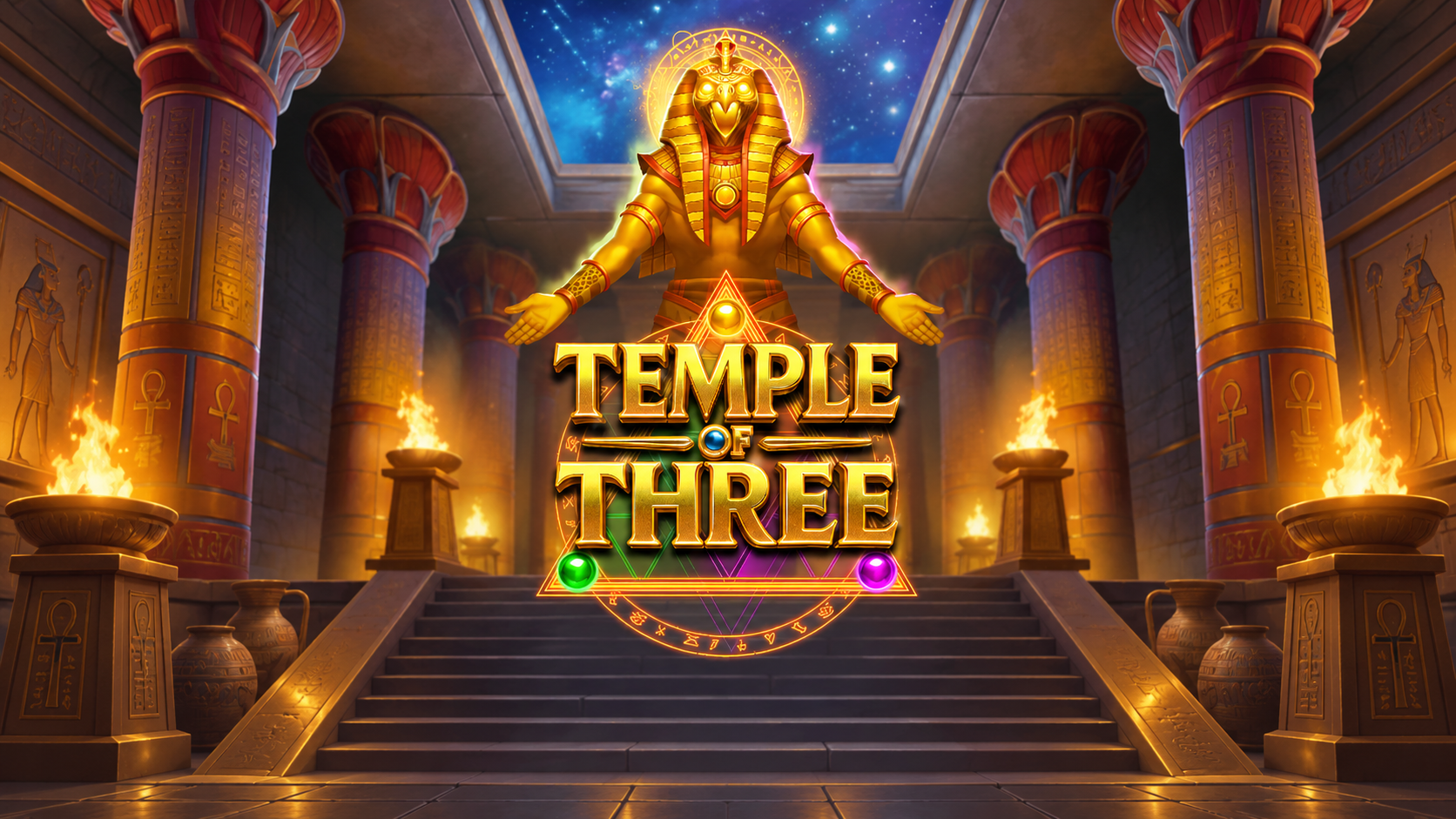 Slot Temple of Three di Play’n GO con ambientazione egizia, divinità dorata e tempio illuminato.