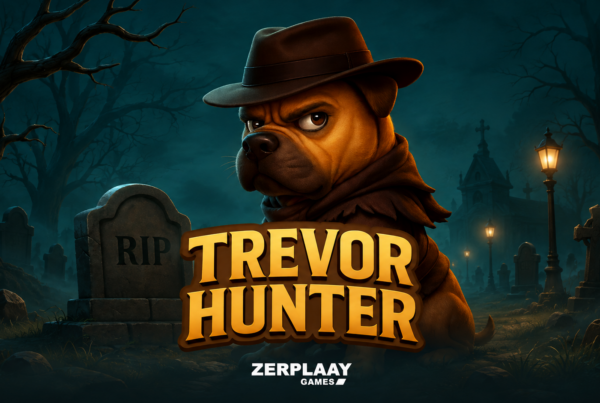 Slot Trevor Hunter di Hacksaw Gaming con cane esploratore in un cimitero e logo del gioco