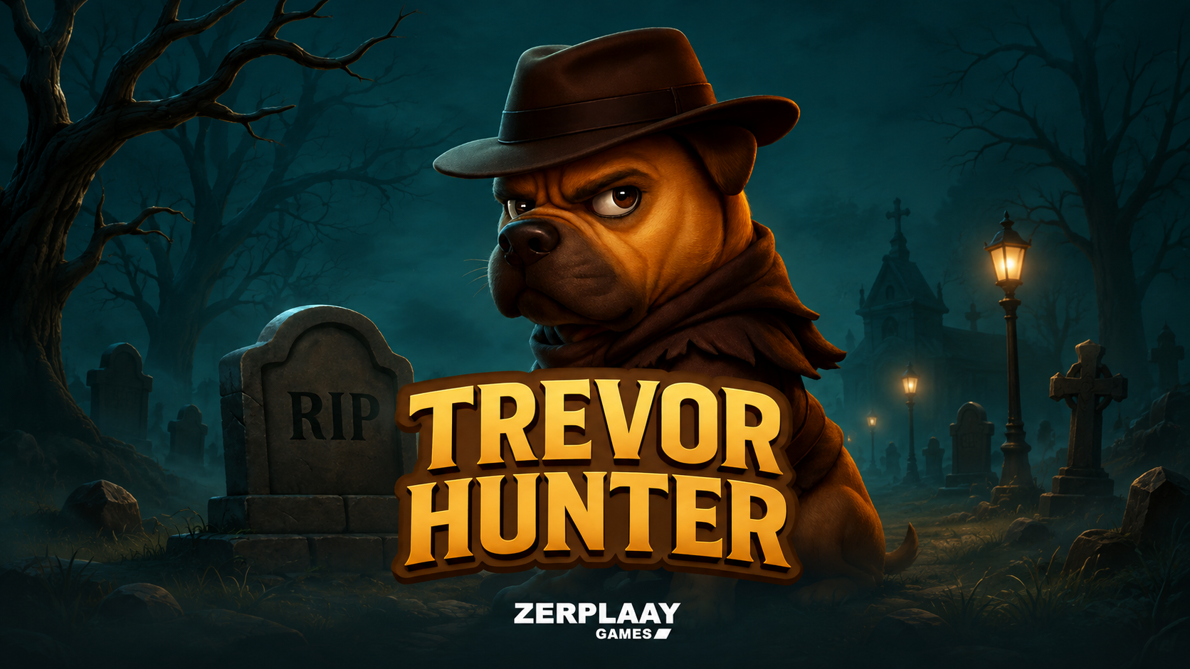 Slot Trevor Hunter di Hacksaw Gaming con cane esploratore in un cimitero e logo del gioco