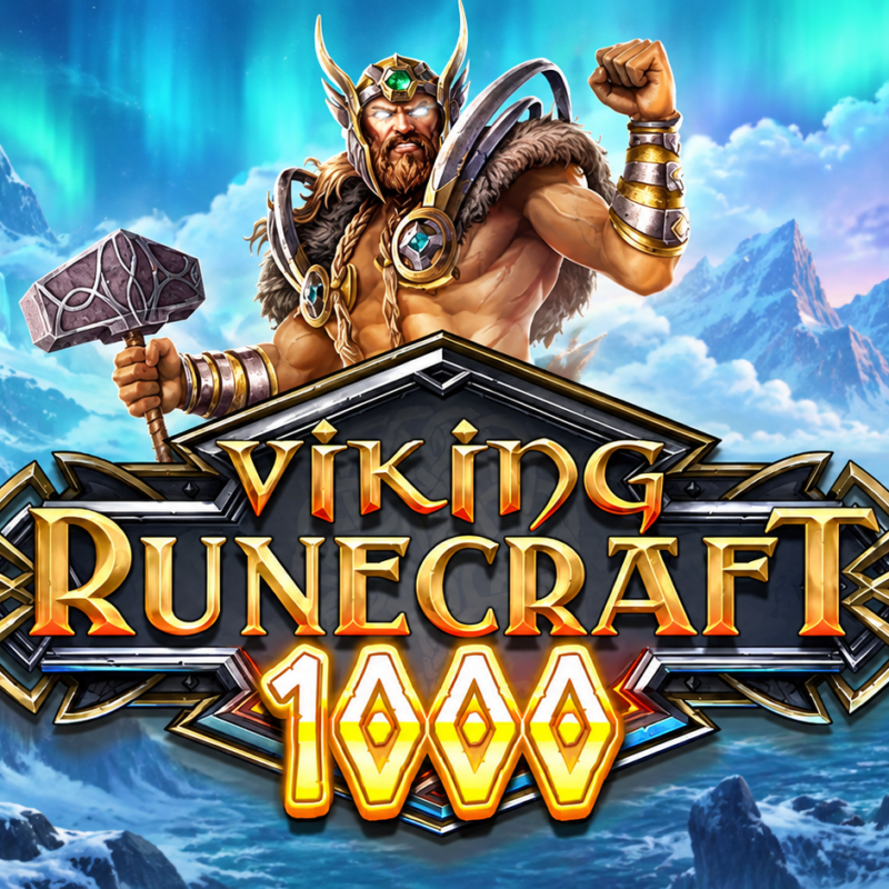 Slot Vikings Runecraft 1000 di Play'n GO con guerriero vichingo, martello e ambientazione nordica ghiacciata
