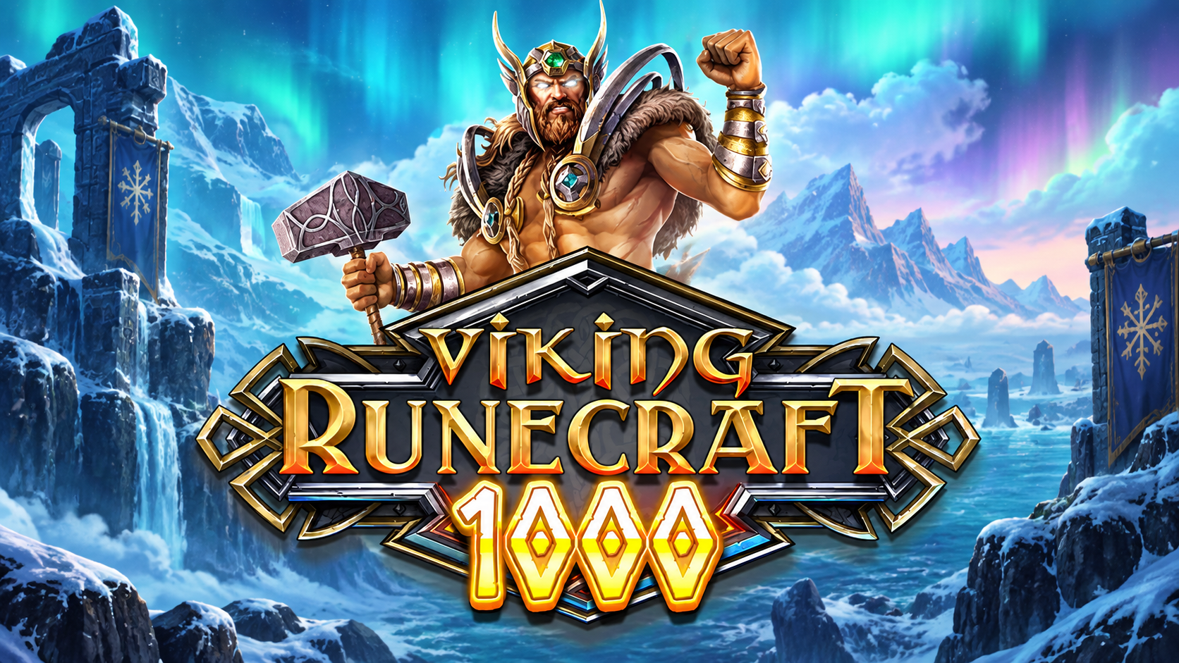 Slot Vikings Runecraft 1000 di Play'n GO con guerriero vichingo, martello e ambientazione nordica ghiacciata