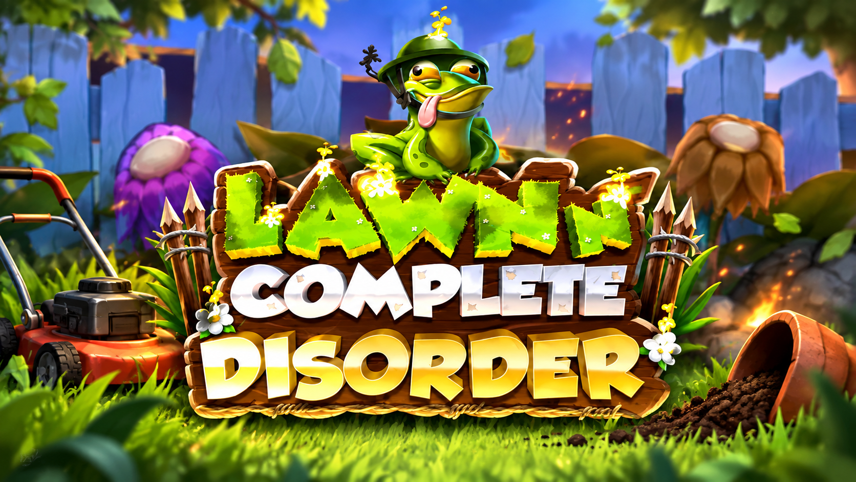 Slot Lawn n' Complete Disorder con ambientazione da giardino e grafica cartoon