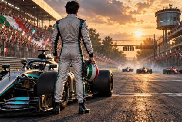 Kimi Antonelli rimonta Monza, pilota di spalle accanto alla monoposto dopo una storica vittoria nel Gran Premio d’Italia.