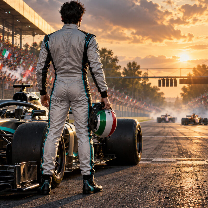 Kimi Antonelli rimonta Monza, pilota di spalle accanto alla monoposto dopo una storica vittoria nel Gran Premio d’Italia.