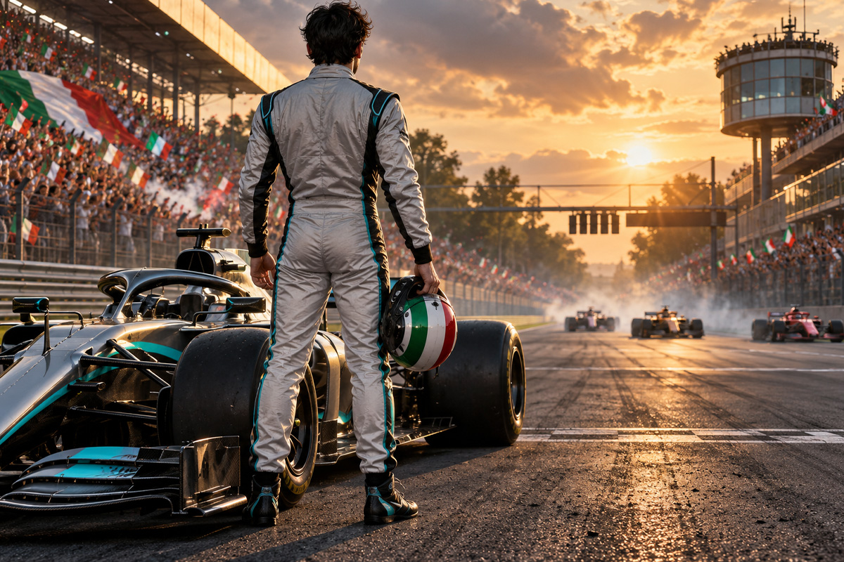 Kimi Antonelli rimonta Monza, pilota di spalle accanto alla monoposto dopo una storica vittoria nel Gran Premio d’Italia.
