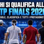 Chi si qualifica alle ATP Finals 2026: quattro tennisti rappresentati di spalle davanti al campo di Torino, con trofeo, classifica e riferimento ai protagonisti Sinner, Alcaraz, Zverev e Cobolli.