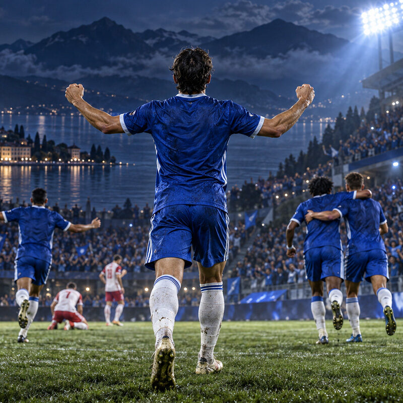 Como-Lipsia 4-1, calciatore lariano di spalle festeggia la vittoria nella notte europea allo stadio sul lago.