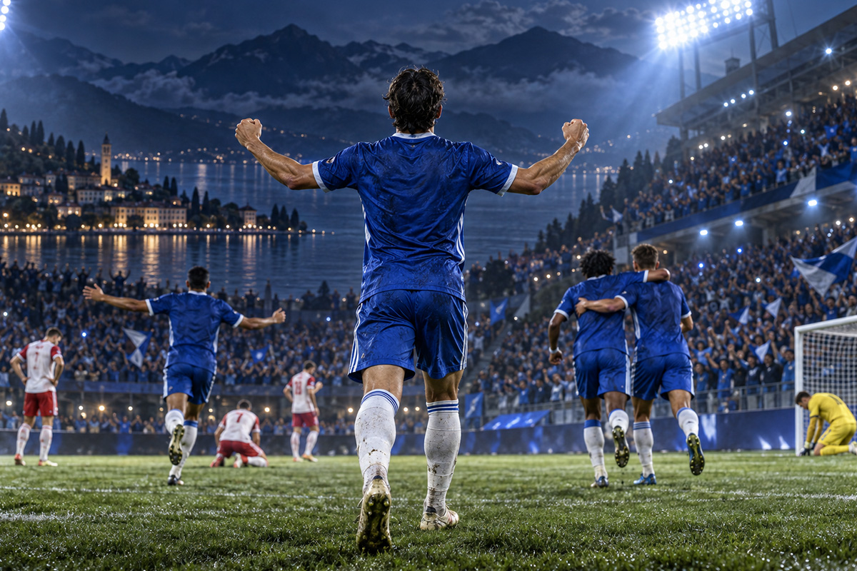 Como-Lipsia 4-1, calciatore lariano di spalle festeggia la vittoria nella notte europea allo stadio sul lago.