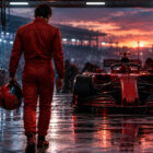 Pilota di spalle davanti a una monoposto rossa nel box, immagine della crisi Ferrari F1 2026.
