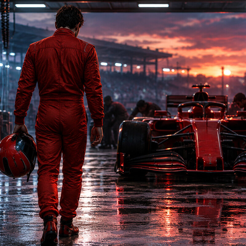 Pilota di spalle davanti a una monoposto rossa nel box, immagine della crisi Ferrari F1 2026.