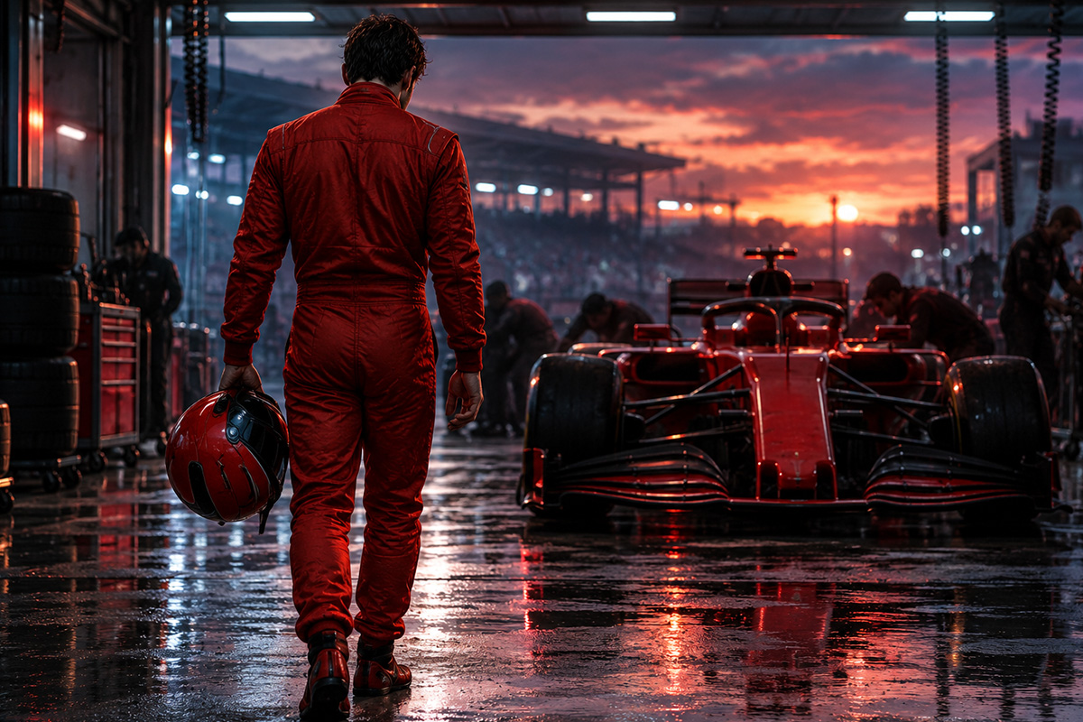 Pilota di spalle davanti a una monoposto rossa nel box, immagine della crisi Ferrari F1 2026.