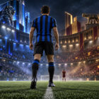 Inter vale il triplo della Roma: calciatore nerazzurro di spalle in uno stadio diviso tra colori nerazzurri e giallorossi.