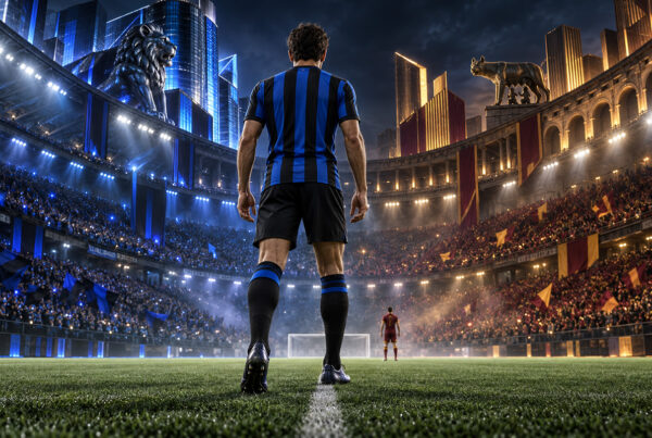 Inter vale il triplo della Roma: calciatore nerazzurro di spalle in uno stadio diviso tra colori nerazzurri e giallorossi.