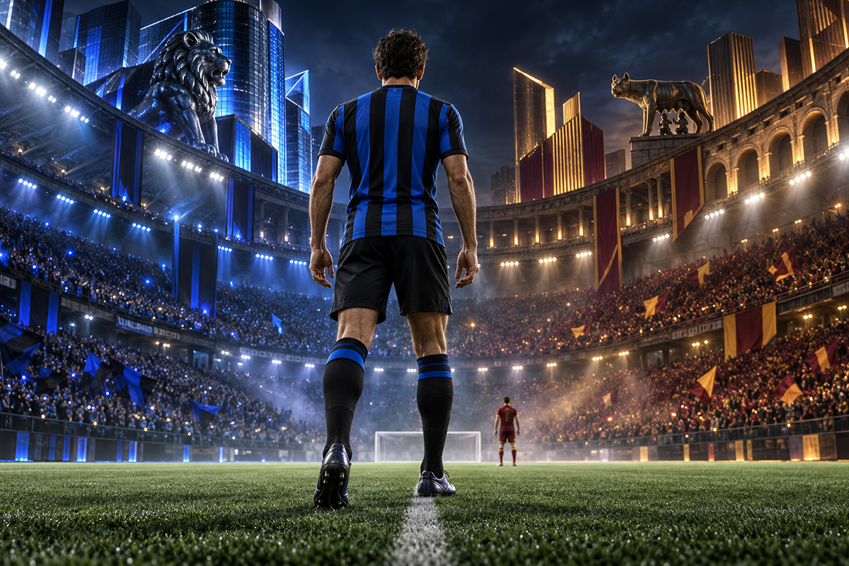 Inter vale il triplo della Roma: calciatore nerazzurro di spalle in uno stadio diviso tra colori nerazzurri e giallorossi.