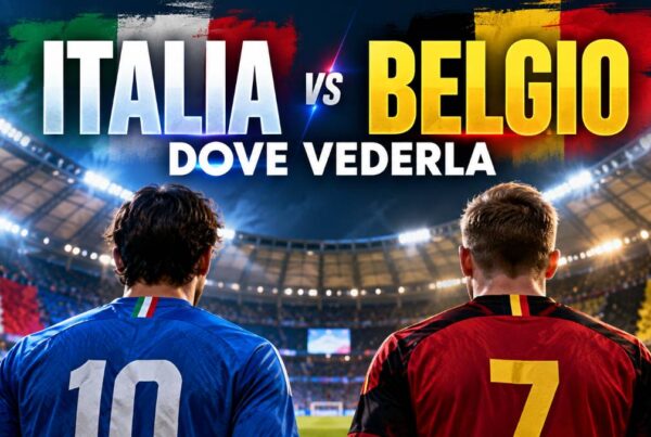 Italia Belgio dove vederla: immagine editoriale della sfida di Nations League con due calciatori di spalle e colori delle Nazionali.