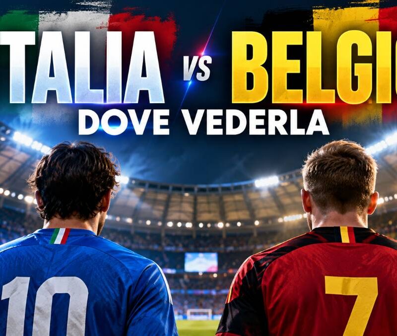 Italia Belgio dove vederla: immagine editoriale della sfida di Nations League con due calciatori di spalle e colori delle Nazionali.