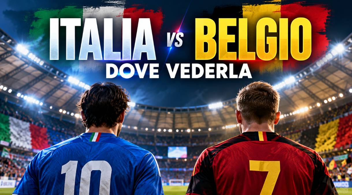 Italia Belgio dove vederla: immagine editoriale della sfida di Nations League con due calciatori di spalle e colori delle Nazionali.