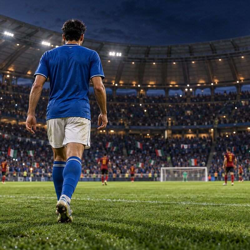 Italia-Belgio Mancini-bis: calciatore azzurro visto di spalle entra in campo davanti al pubblico dello stadio.