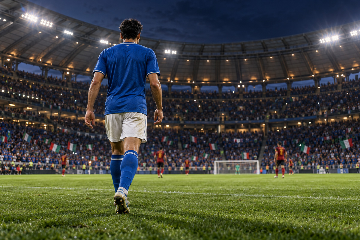 Italia-Belgio Mancini-bis: calciatore azzurro visto di spalle entra in campo davanti al pubblico dello stadio.