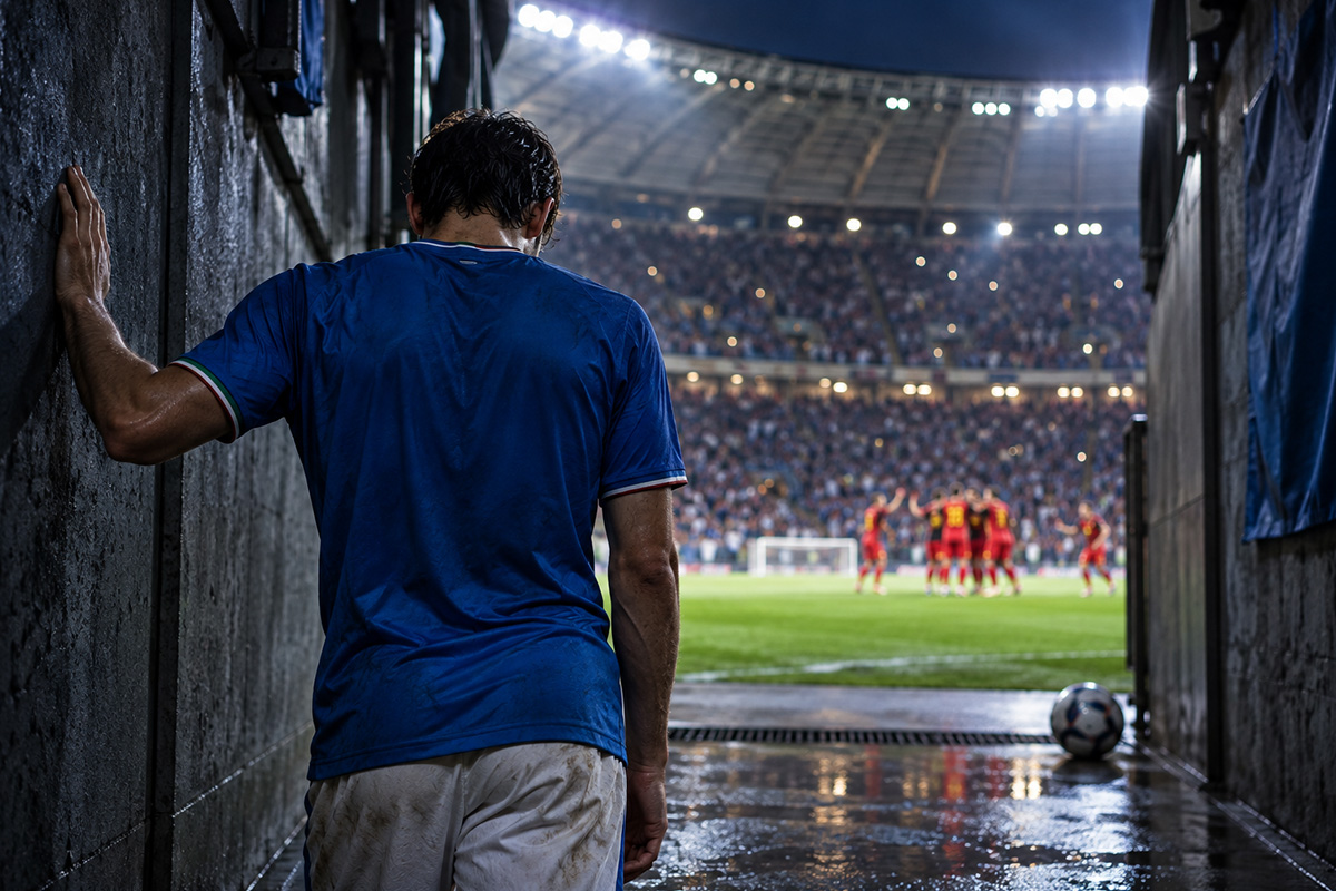 Italia-Belgio 0-2, calciatore azzurro di spalle nel tunnel dello stadio mentre i giocatori belgi festeggiano sul campo.