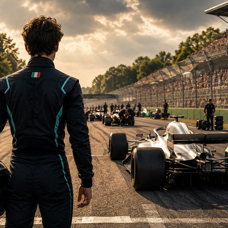Penalità Antonelli a Monza, pilota italiano di spalle davanti alla monoposto argentata sul fondo della griglia.