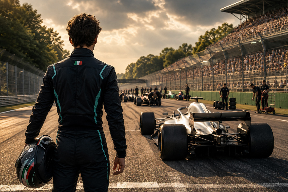 Penalità Antonelli a Monza, pilota italiano di spalle davanti alla monoposto argentata sul fondo della griglia.