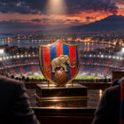 Logo storico del Catania rappresentato come uno scudetto rossazzurro con elefante, osservato da due potenziali offerenti davanti allo stadio