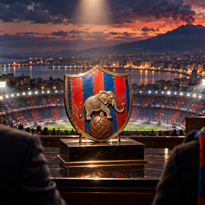 Logo storico del Catania rappresentato come uno scudetto rossazzurro con elefante, osservato da due potenziali offerenti davanti allo stadio