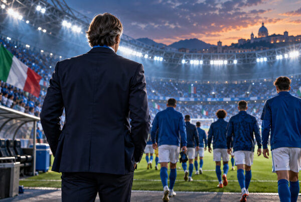 Convocati Italia Mancini, il commissario tecnico di spalle osserva gli Azzurri entrare in campo allo stadio.