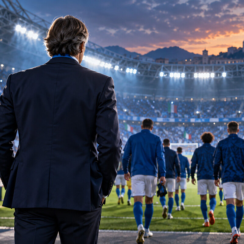 Convocati Italia Mancini, il commissario tecnico di spalle osserva gli Azzurri entrare in campo allo stadio.