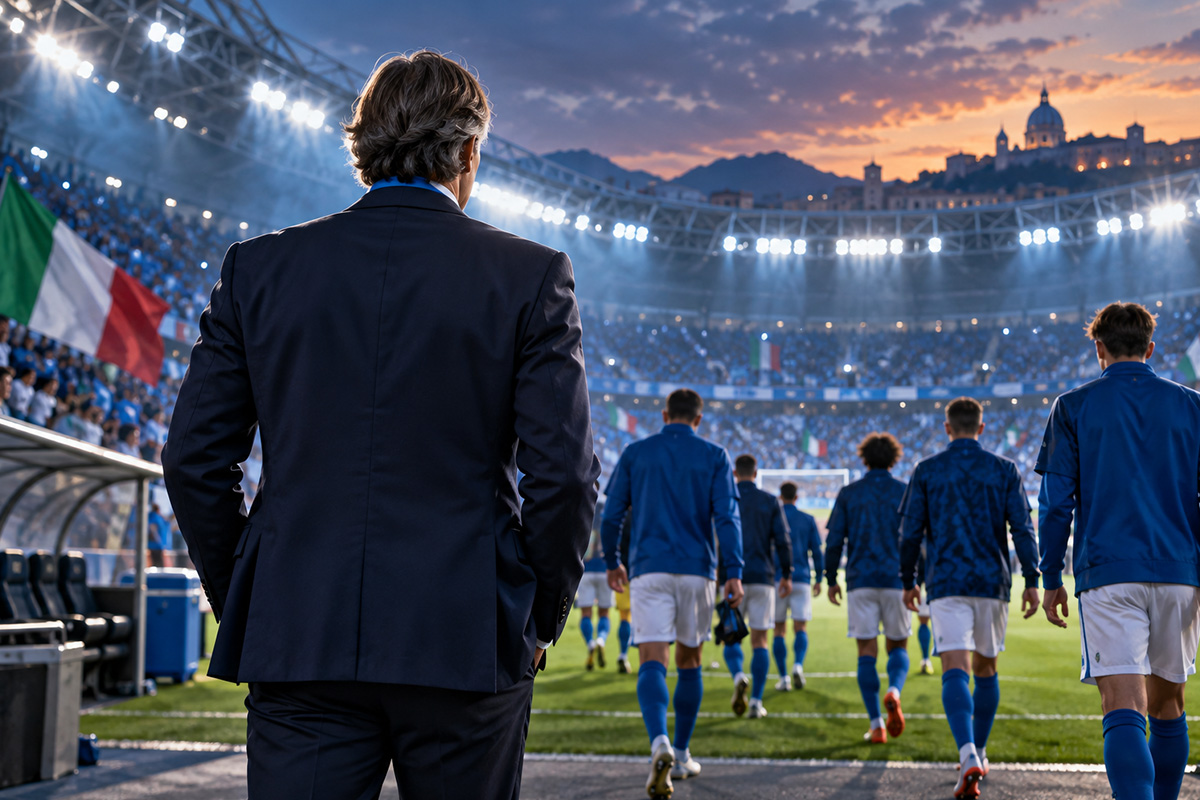 Convocati Italia Mancini, il commissario tecnico di spalle osserva gli Azzurri entrare in campo allo stadio.