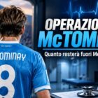 Operazione a McTominay: il centrocampista del Napoli di spalle con maglia numero 8, elettrocardiogramma e riferimenti allo stop.