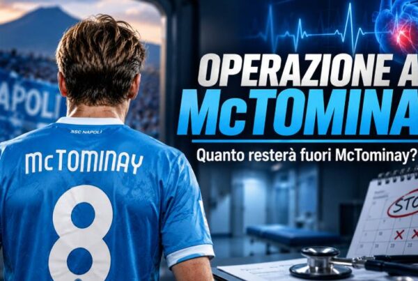 Operazione a McTominay: il centrocampista del Napoli di spalle con maglia numero 8, elettrocardiogramma e riferimenti allo stop.
