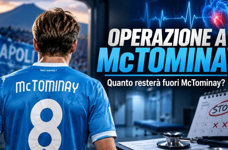 Operazione a McTominay: il centrocampista del Napoli di spalle con maglia numero 8, elettrocardiogramma e riferimenti allo stop.