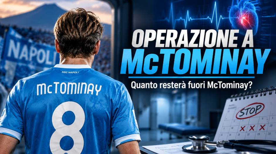 Operazione a McTominay: il centrocampista del Napoli di spalle con maglia numero 8, elettrocardiogramma e riferimenti allo stop.