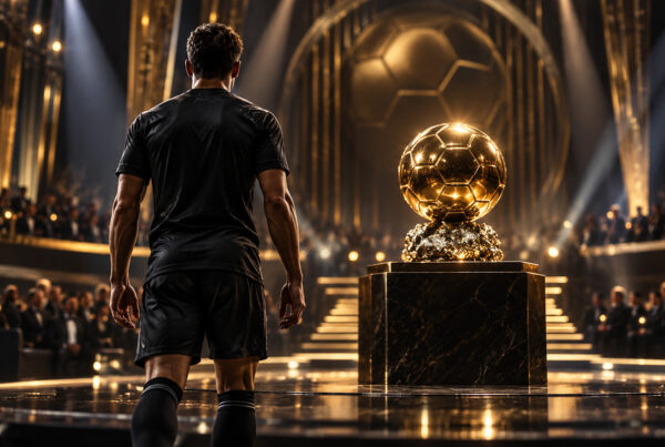 Pallone d’Oro 2026: calciatore di spalle davanti al trofeo dorato, illuminato dai riflettori durante una cerimonia.