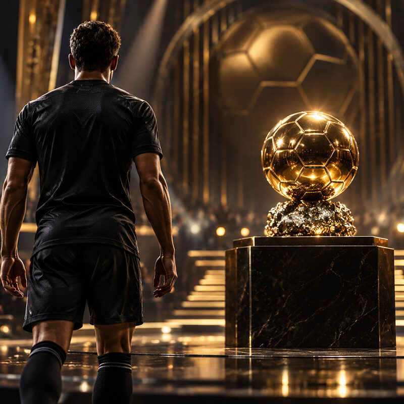Pallone d’Oro 2026: calciatore di spalle davanti al trofeo dorato, illuminato dai riflettori durante una cerimonia.