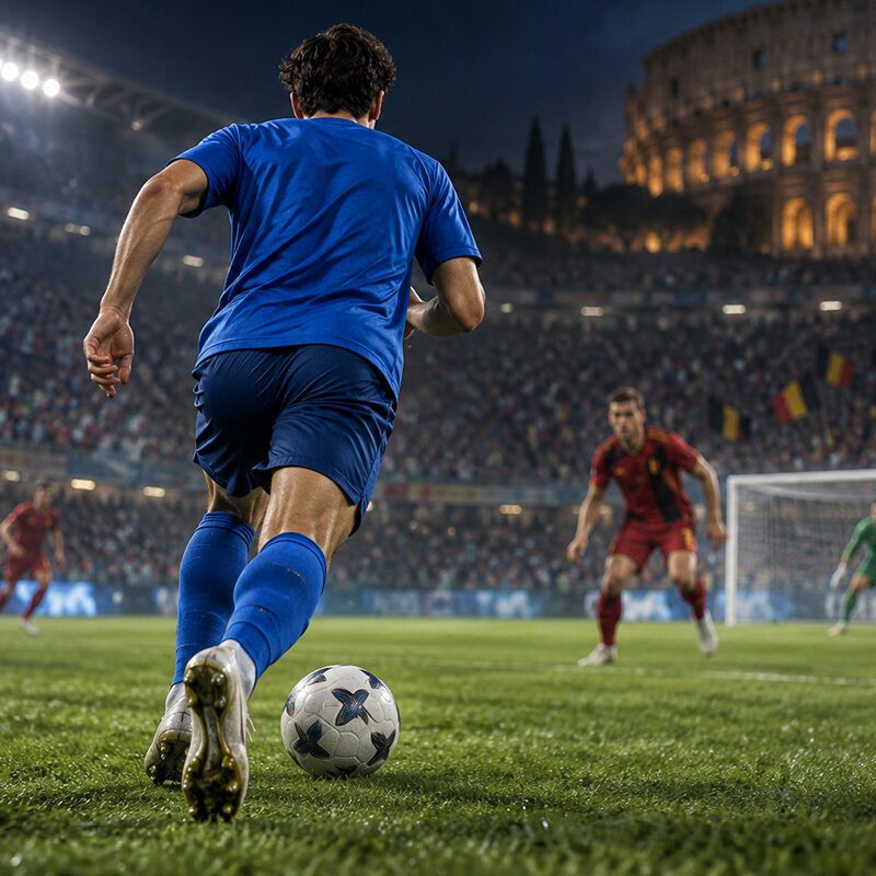 Illustrazione Pio Esposito Italia Belgio: attaccante azzurro di spalle avanza verso la porta con il pallone.