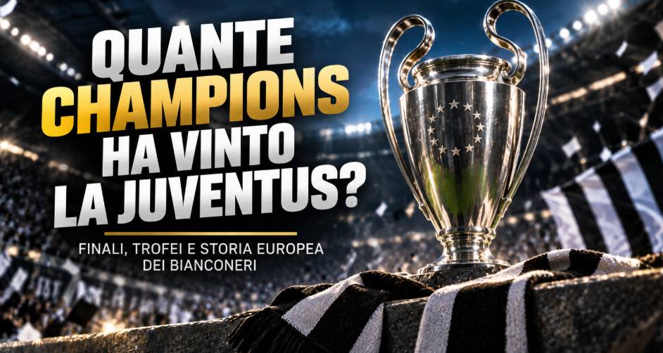Quante Champions ha vinto la Juventus: trofeo europeo in uno stadio con ambientazione bianconera.
