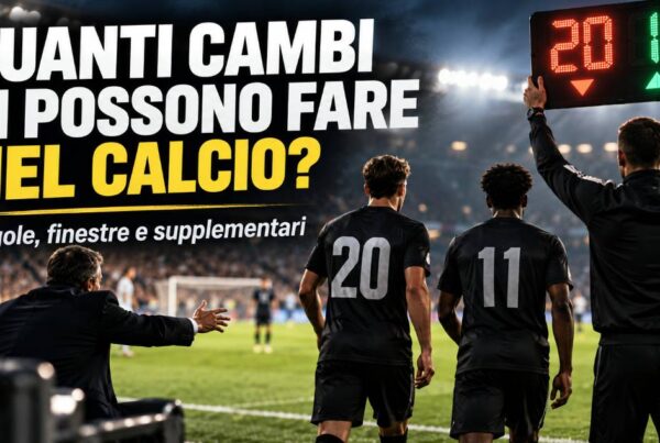 Quanti cambi si possono fare nel calcio: immagine editoriale con sostituzioni, tabellone luminoso e giocatori di spalle.