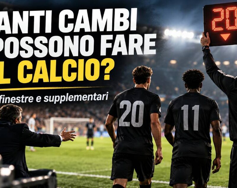 Quanti cambi si possono fare nel calcio: immagine editoriale con sostituzioni, tabellone luminoso e giocatori di spalle.
