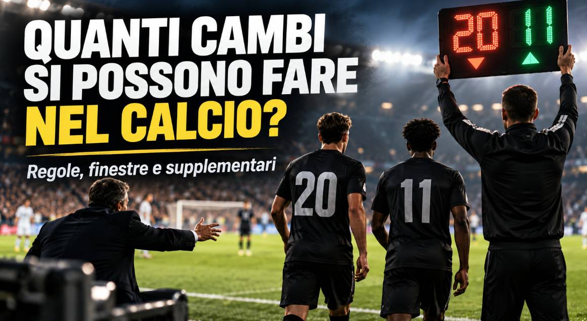Quanti cambi si possono fare nel calcio: immagine editoriale con sostituzioni, tabellone luminoso e giocatori di spalle.