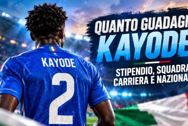 Quanto guadagna Kayode: immagine editoriale con calciatore azzurro di spalle in uno stadio e riferimento a stipendio, carriera e Nazionale.
