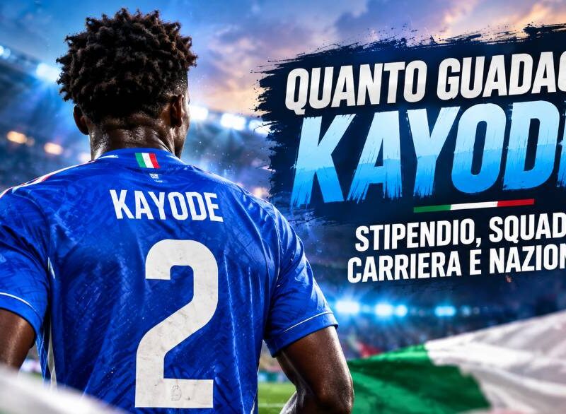 Quanto guadagna Kayode: immagine editoriale con calciatore azzurro di spalle in uno stadio e riferimento a stipendio, carriera e Nazionale.